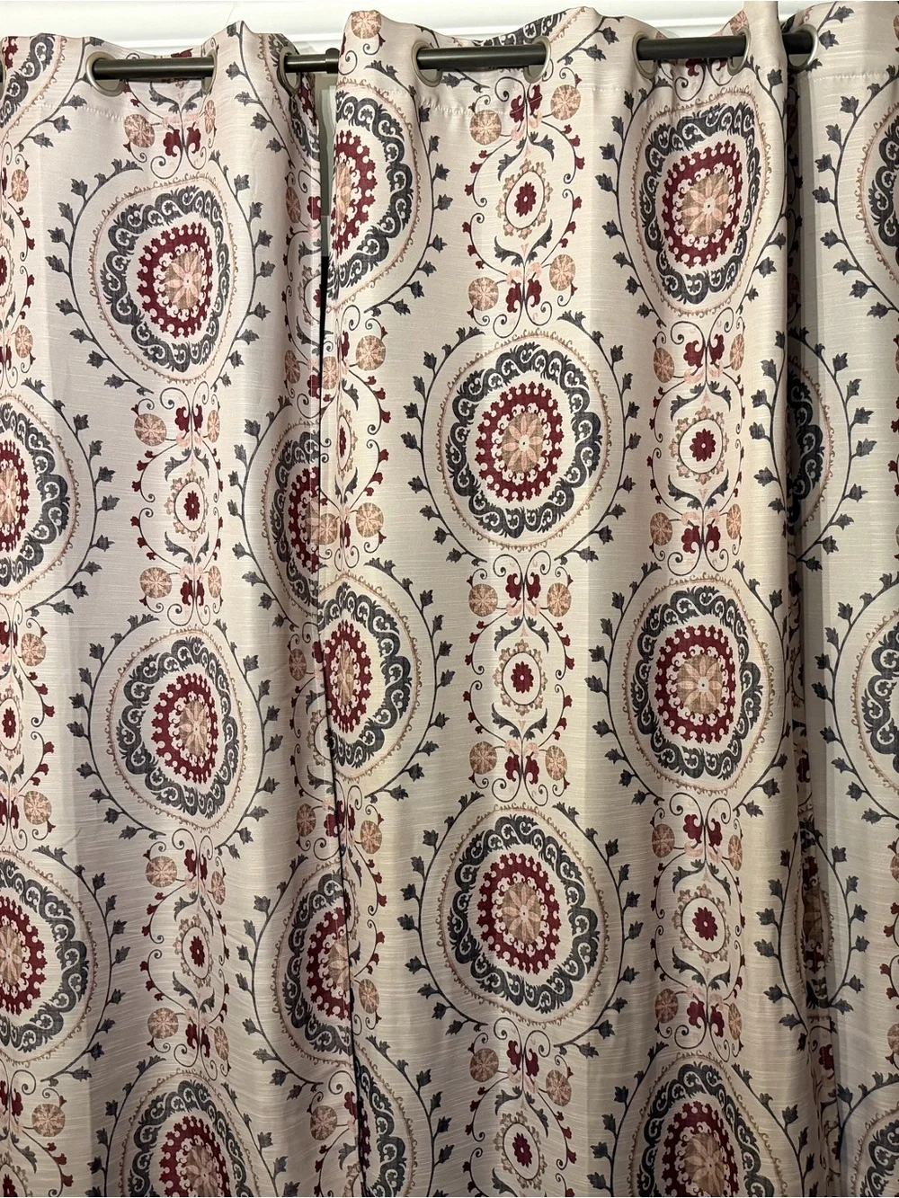 The Big One Beige Medallion Grommet Curtain Panel with Red and Gray Accents